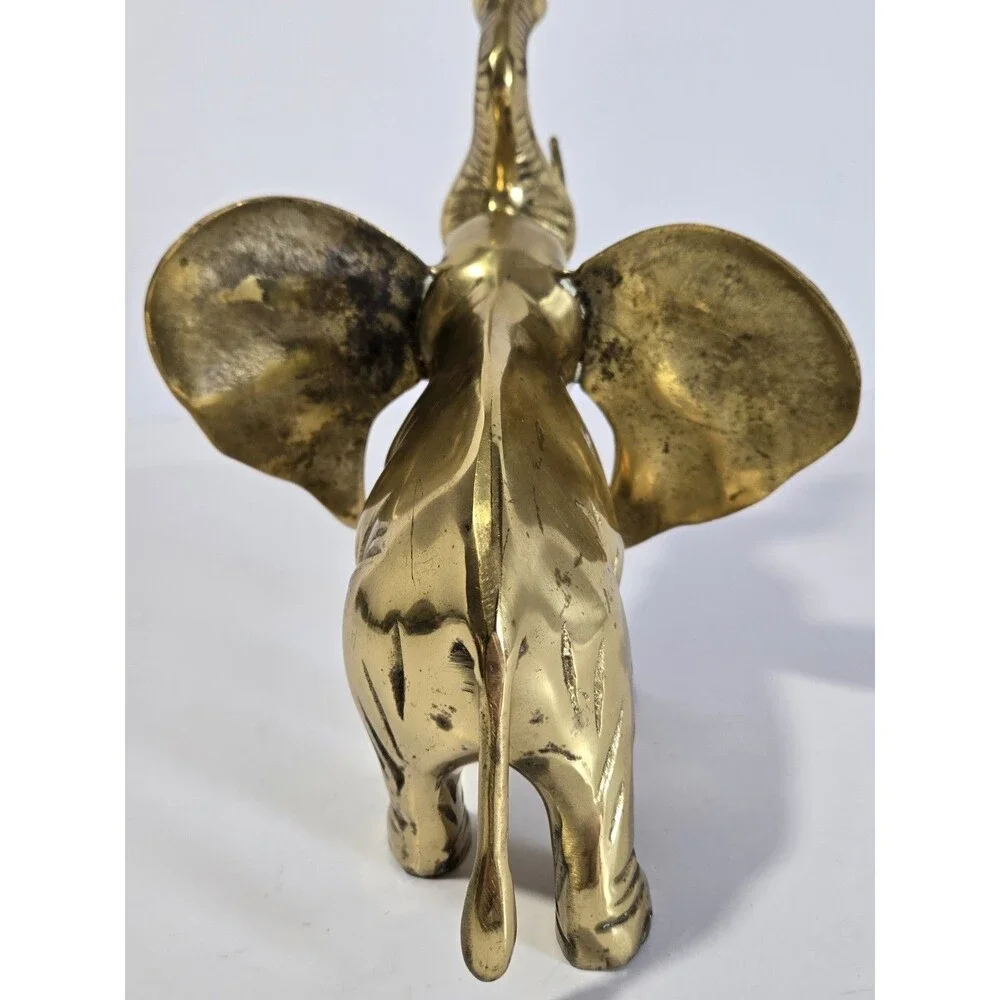 Vintage Solid Brass Elephant Figurine Raised Trunk India 9